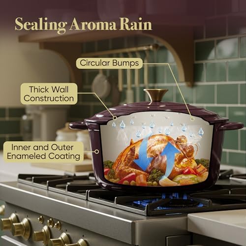 Vintage Style Oval Dutch Oven for Bread Baking, 4.5 Quart Non Stick Enameled Cast Iron Dutch Oven Pot with Lid, Oven Safe Oval Casserole with Lid up to 500°F for Baking, Braising, Stews, Roasting, Fig - Image 6