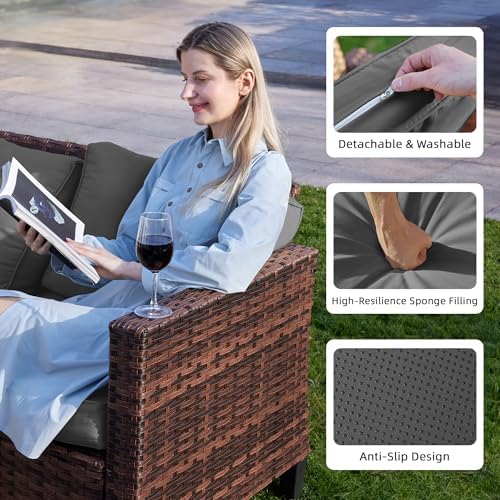 UDPATIO 5 Pieces Patio Furniture Set with Fire Pit Table, Outdoor Furniture Set with Rocking Swivel Chairs, Wicker Patio Set with Waterproof Cover, 4'' Thickened Cushion, Grey - Image 6