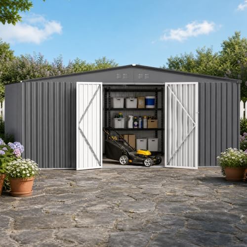 14 x 12 FT Outdoor Storage Shed, Heavy-Duty Galvanized Steel Tool Shed with Reinforced Frame, Lockable Double Door & Side Vents for Backyard Large Equipment,Dark Gray - Image 7