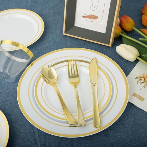 N9R 600PCS White and Gold Plastic Plates, Disposable Dinnerware Set - Image 5