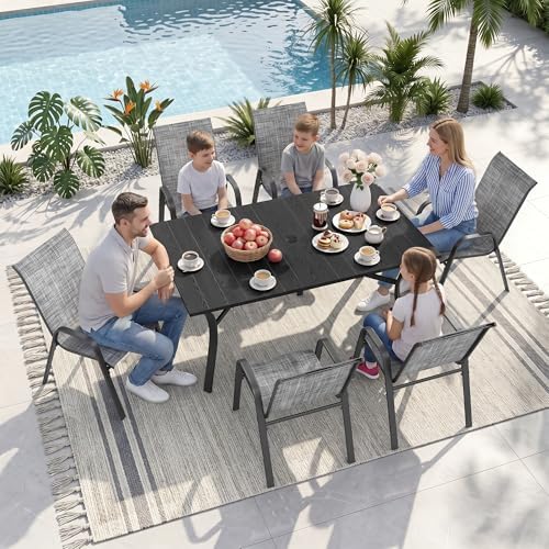 Outdoor Dining Set for 6, Metal Table and Stackable Chairs - Image 3