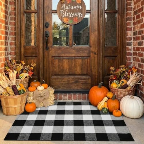 MUBIN Cotton Buffalo Plaid Rug, 27.5x43 Black and White Outdoor Rug Front Door Decorative Mat, Washable Doormat Foldable Area Rug Layered Door Mats Rug for Front Porch, Entryway, Patio - Image 4