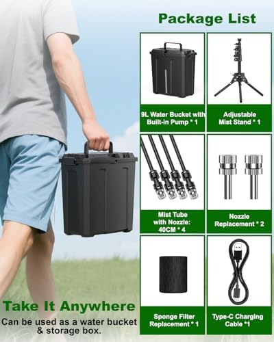 Ausic Portable Misting System with Stand, Water Cooling Misters Set for Outside Patio - 9L Bucket Built-in 10000mAh Battery & PCS Pump & Timer for Outdoor, Canopy, Sport, Golf, Beach, Greenhouse, Camp - Image 6