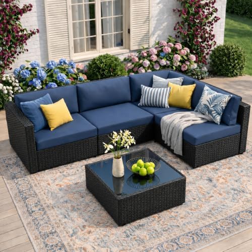 JAMFLY 5-Piece Patio Furniture Set, Outdoor Wicker Sectional Sofa with 4-Inch Thick Cushions & Coffee Table, All-Weather PE Rattan Conversation Set for Backyard, Garden, Poolside, Aegean Blue by JAMFLY
