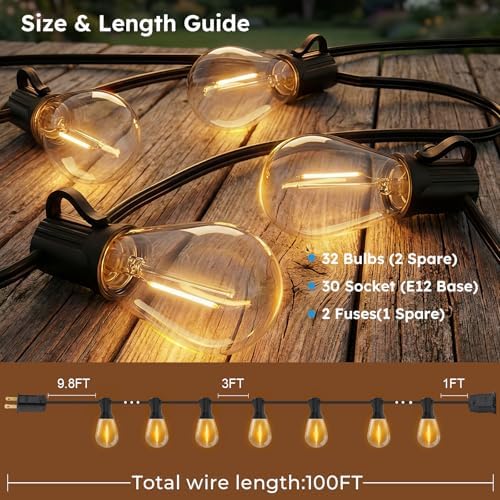 GvvooHome S11 LED Outdoor String Lights 100FT, Shatterproof & Waterproof Patio Lights with 32 Plastic Bulbs for Porch, Deck, Garden, Backyard, Balcony, 2700K Dimmable - Image 6