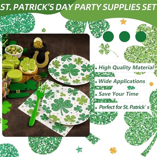 100 Pcs St. Patrick’s Day Shamrock Tableware Party Supplies Set, Serves 25 – Disposable Green Clover Paper Plates, Napkins, and Forks for Irish Celebration, Lucky Party, or Spring Festival Decorations - Image 6