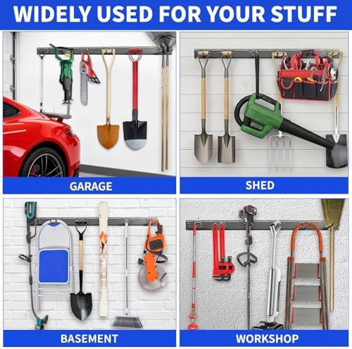 Garage Tool Organizer Wall Mount, 48 Inch Heavy Duty Garden Tool Organizer Storage System, Easy Install with 6 Adjustable Hooks, for Garage, Basement, Shed, Workshop, Black, Steel - Image 2