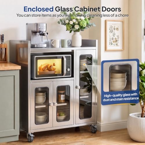 ROVSUN Stainless Steel Table with Cabinet & Wheels, 35.4" x 15.7" Commercial Kitchen Storage Cabinet for Pre Work with Glass Door, Large Storage Space for Kitchen Restaurant Garage Outdoor - Image 3
