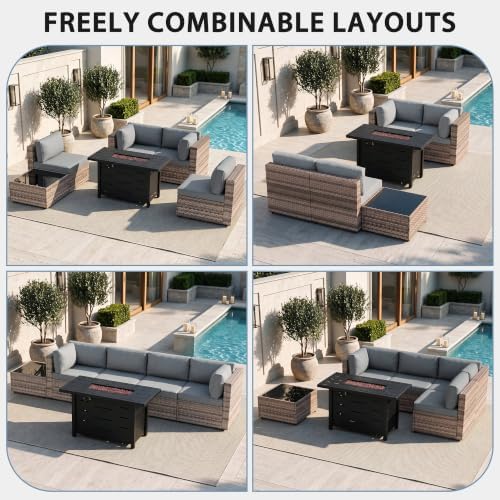 Shintenchi 6 Piece Outdoor Patio Furniture Set with 43 Inch Propane Fire Pit, Washable Cushions, Glass Coffee Table, Waterproof Cover & CSA Certified for Backyard Poolside, Brown PE Rattan/Gray - Image 3