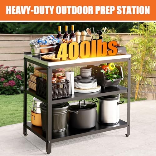 Stainless Steel Outdoor Prep Table, 3-Tier Heavy Duty Outdoor Grill & BBQ Prep Station, Rust-Resistant Utility Table for Patio, Pizza Oven, Garage & Food Prep (No Sink) - Image 3