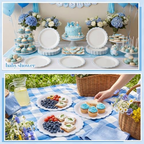 NatNarr 30 Pcs Light Blue Plates 9" Scalloped Blue and White Dessert Plates - Image 6
