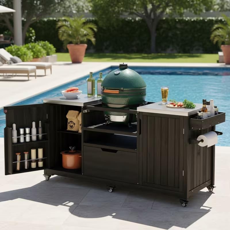 66.5" Outdoor Kitchen Island for Big Green Egg Grill, Solid Wood Outdoor Grill Cart for Tabletop Grill with Stainless Steel Top, Drawer, Compatible with Large Big Green Egg, Kamado Joe-Black - Image 2