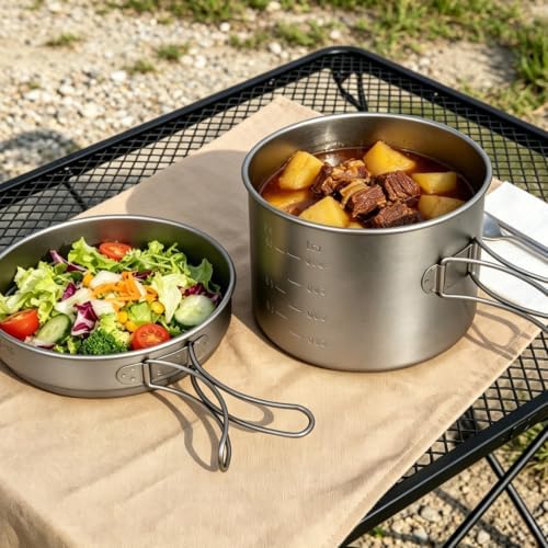 TiTo Titanium Pot and Pan 1200ml Camping Cookware Set with Folding Handle - Image 7