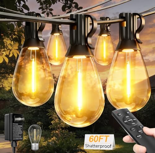 60FT Outdoor String Lights with Remote, LED Patio Lights with20+1 Waterproof S11 Bulbs, Outside Dimmable 2700K Warm White, Timer & 3 Modes,for Backyard Garden Deck Porch Balcony Gazebo Party Decor by Tenmiro