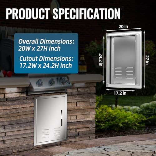 Outdoor Kitchen Doors with Vents - 20W x 27H Inch - 304 Stainless Steel BBQ Single Access Door with Detachable Handles for Outdoor Grill Cabinet,BBQ Island - Image 2