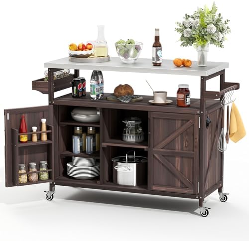 Zevemomo Outdoor Grill Cart with Storage, Lockable Casters, Brown by Zevemomo