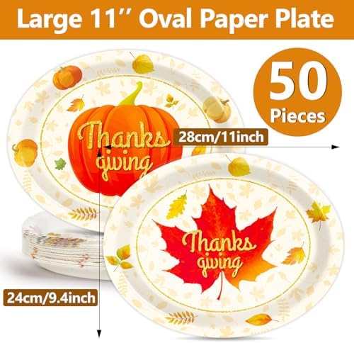 Qyeahkj 50 PCS Thanksgiving Oval Paper Plates Large 11” Disposable Fall Autumn Party Decorations Harvest Maple Leaf Supplies Favor for Home Kitchen Serving Dish Holiday Party Tableware Set - Image 2