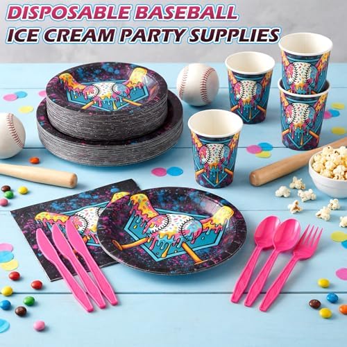 FoldTier 350 Pcs Black Ice Cream Drip Baseball Birthday Party Decorations Set Ice Cream Paper Plates Napkins Fork Set Disposable Fairy Tableware Decorations Supplies for Baby Shower Dinner Serves 50 - Image 2