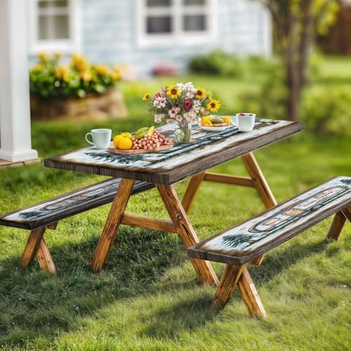 Picnic Table Cover with Bench Covers and Bag, Camping Essentials, Camper Forest Wooden Grain Outdoor Table Covers, Waterproof Windproof, Fitted Tablecloth Cover with Elastic Edge, 3 PCS, 30x96 Inch - Image 3