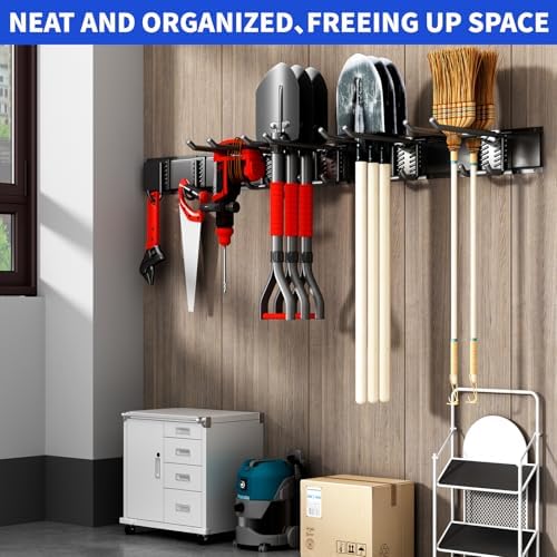 Garage Tool Organizer Wall Mount, 32 Inch Heavy Duty Garden Tool Organizer Storage System, Easy Install with 6 Adjustable Straight Hooks, for Garage, Basement, Shed, Workshop, Black, Steel - Image 6