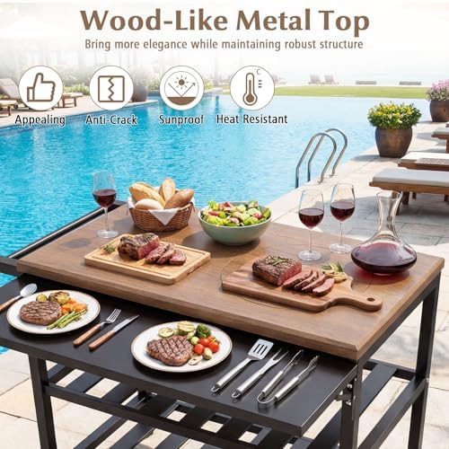 Giantex Outdoor Grill Cart with Korean BBQ Charcoal Grill, Dual Cooking Surfaces, Rolling Food Prep Table with Foldable Side Shelf, Storage Shelves, Wood-Look Top, for Patio, Party & Backyard Cooking - Image 3