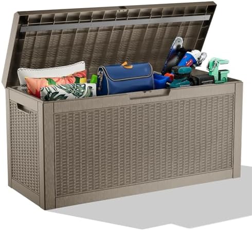 ROJIK Outdoor Storage Housing Deck Box,Waterproof Patio Furniture, Garden Tools, Cushions, Pool Accessories Storage Bench with Lockable Lid and Side Handles (Grey,60 Gallon) by ROJIK