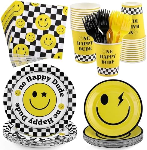 Kochorie 144 Pieces One Happy Dude Party Tableware Sets including Disposable Plates Napkins Cups Forks Serves 24 for Smiley Face 1st Birthday Preppy Party Decorations by Kochorie