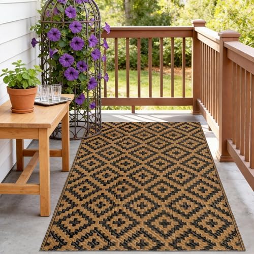 SAND MINE Reversible Mats, Plastic Straw Rug, Modern Area Rug, Large Floor Mat and Rug for Outdoors, RV, Patio, Backyard, Deck, Picnic, Beach, Trailer, Camping, Black & Brown, 3' x 5' by SANDMIND