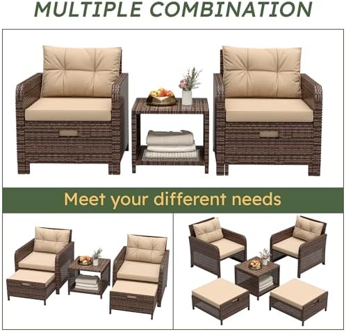 LHBcraft 5 Piece Patio Furniture Set, PE Wicker Outdoor Furniture Set with Soft Cushions & Coffee Table, Outdoor Lounge Chairs with Ottoman for Porch, Lawn, Balcony, Khaki-Beige - Image 6