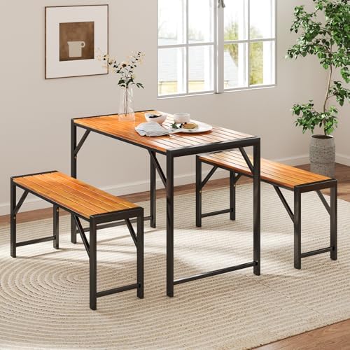 Tangkula 3-Pieces Patio Dining Set for 4 People, Outdoor Picnic Table & 2 Benches, 44" Acacia Wood Dining Table w/Metal Frame, Space-Saving Dinette Set for Garden Porch Poolside Yard Balcony - Image 4