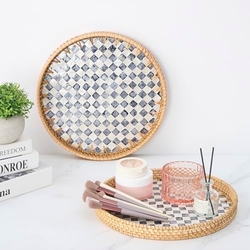 Round Rattan Tray with Mother of Pearl Inlay, Rattan Serving Tray with Wooden Base, Decorative Wicker Basket for Table Decor, Storage and Display of Coffee Bread Food Fruit (Checkerboard 11.8") - Image 3