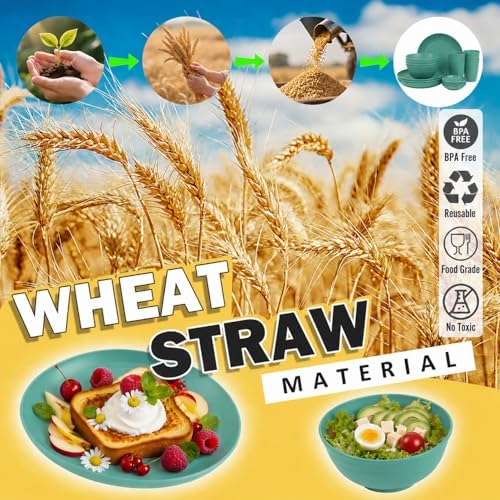 Unbreakable Wheat Straw Dinnerware Set 16 PCS - Plates and Bowls Set for 4,Dishwasher & Microwave Safe Lightweight Plates and Bowls Set for Party Camping Kitchen - Green - Image 4
