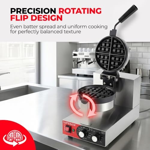 Superior Kitchen Commercial Belgian Waffle Maker, Stainless Steel Waffle Iron with Non-Stick Coating, Rotating Flip Design, Heat-Resistant Handle, Adjustable 122℉/50℃ to 482℉/250℃ Range, 1200W - Image 5