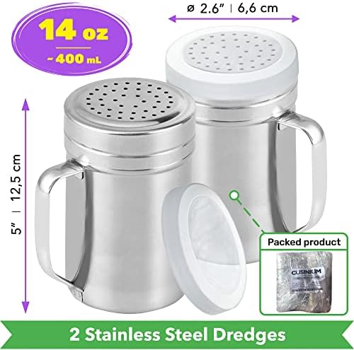 CUSINIUM Large Metal Salt Pepper Cooking Dredge Shakers - With Handle - Seasonings Spice Shakers With Holes and Lids - 14 Ounce, 2pcs | Style: Medium - Image 2