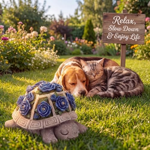 Solar Garden Outdoor Decor Turtle Statue, Dark Blue Roses & 7 LED Lights - Image 3