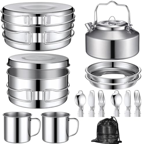 Funnymoom 15 Pcs Camping Cookware Mess Kit Outdoor Cooking Set Stainless Steel with Pot and Pan Kit 2 Set Stainless Steel Cups Plates Forks Knives Spoons for Camping Backpacking Cooking Picnic by Funnymoom