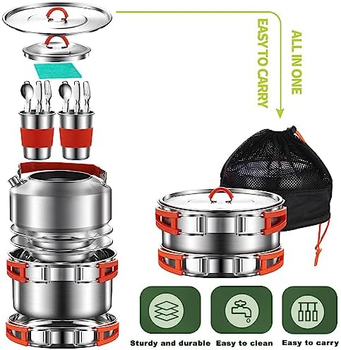 304 Stainless Steel Camping Cookware Set - Mess Kit with Pots, Pans, Kettle, Plates, Forks, Knives, Spoons for 2 People, Perfect for Camping, Picnic, RVs - Image 2