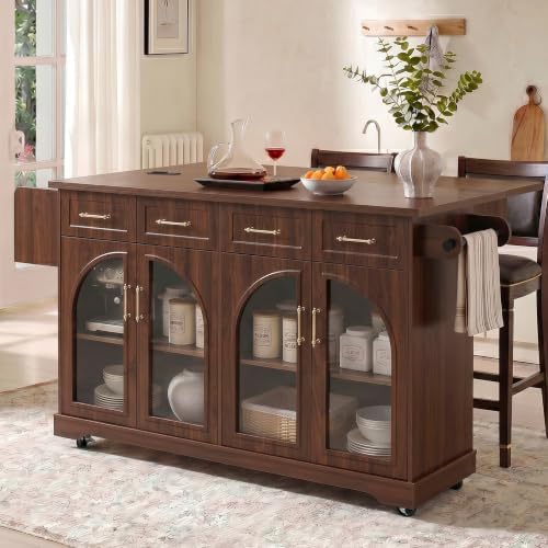 65" Rolling Kitchen Island with Storage and Drop Leaf & Arched Door Brown - Image 5