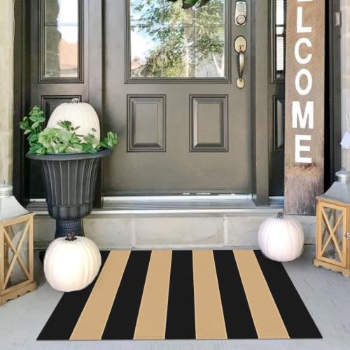 IOHOUZE 24x36 Striped Outdoor Door Mat, Washable Porch Rug, Black/Tan by iOhouze