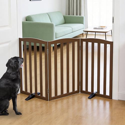 Freestanding Dog Gate Indoor,Doggie Gate Foldable Pet Gates for Doorways,Stairs or Hallways, Wooden Brown Pet Gate for the House, Pet Fence with Support Feet Included,32 "Height-3 Panels by SFJC