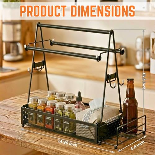 Grill caddy, BBQ Caddy Organizer with Paper Towel Holder, Black Metal Grill Accessory Rack, Kitchen Condiment Storage Basket with Utensil Holder - Image 2