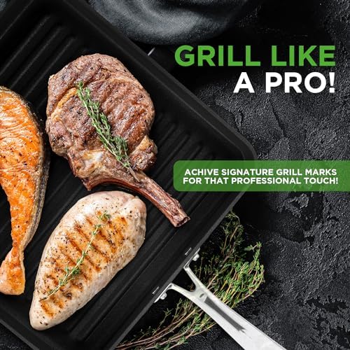 NutriChef 11" Non-Stick Grill Pan for Indoor Cooking - Hard Anodized Grill Pan for Stove Tops with High Ridges, Strong Handles, Dishwasher Safe - Image 3