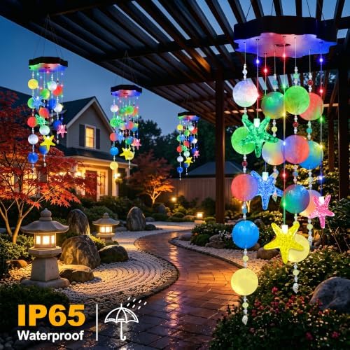 Toodour Boho Wind Chimes for Outside, Birthday Gifts for Women Mom Grandma, Waterproof 21 LED Solar Powered Shell Sea Star Hanging Lights for Patio Garden Yard Porch Outdoor Decor - Multicolor - Image 4
