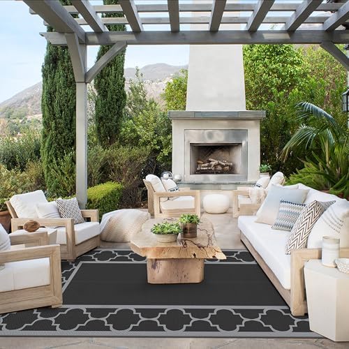 GENIMO Outdoor Rug, Waterproof Plastic Rugs 9'x18' for Camping Black Gray - Image 3