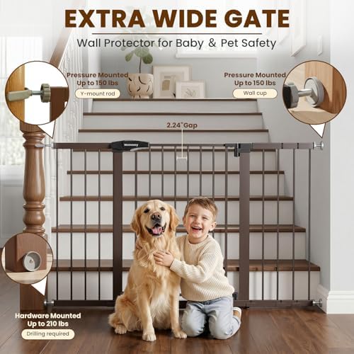 Mumeasy 29.7-54.2" Baby Gate for Stairs, Pressure Mounted Dog Gate for Doorways, Extra Wide Walk Thru Safety Pet Gate for Doors with Auto Close, Easy Install Child Gate for Hallway Indoor House, Brown - Image 3