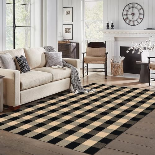 IOHOUZE 5x7 Buffalo Plaid Area Rug, Washable Indoor Outdoor, Tan Black - Image 3