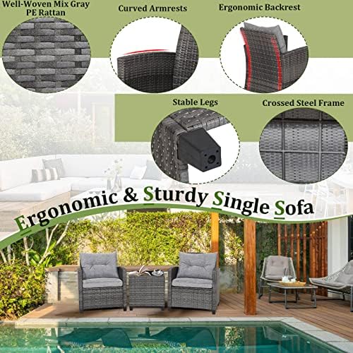 RELAX4LIFE Wicker Patio Furniture Sets - 3 Pieces Rattan Sofa Set, Outdoor Conversation Set with Tempered Glass Tabletop, Heavy-Duty Steel Frame, Wicker Chair Set for Poolside, Backyard, Grey - Image 4