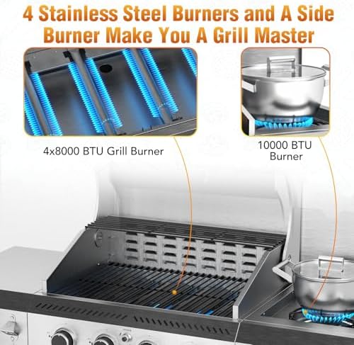 Electactic Stainless Steel 4-Burner Gas Grill with Side Burner – 42000BTU Propane BBQ Grill with Thermometer, Heavy-Duty Grill for Outdoor Patio and Backyard Cooking - Image 6