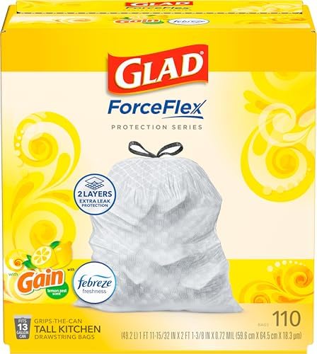 Glad ForceFlex Tall Kitchen Trash Bags, 13 Gallon, Gain Lemon Zest, 110 Count (Package May Vary) by GladTrashFoodStorage