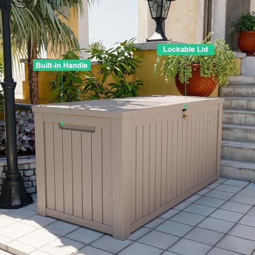 ROJIK Outdoor Storage Housing Deck Box - Waterproof Patio Furniture, Garden Tools, Cushions, Pool Accessories Storage Bench with Lockable Lid and Side Handles (Grey 200 Gal) - Image 5